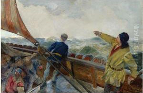 Leif Eriksson Oppdager Amerika (leif Eriksson Discoversamerica) Oil Painting by Christian Krohg