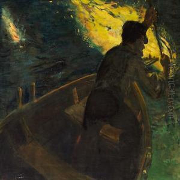 Eel Catcher At Night Oil Painting by Christian Krohg