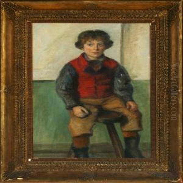 A Boy Wearing A Red Waistcoat Sitting In A Chair Oil Painting by Christian Krohg