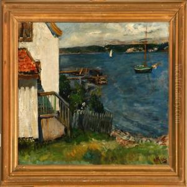 Coastal Scene With Sailing Ships In A Bay Oil Painting by Christian Krohg