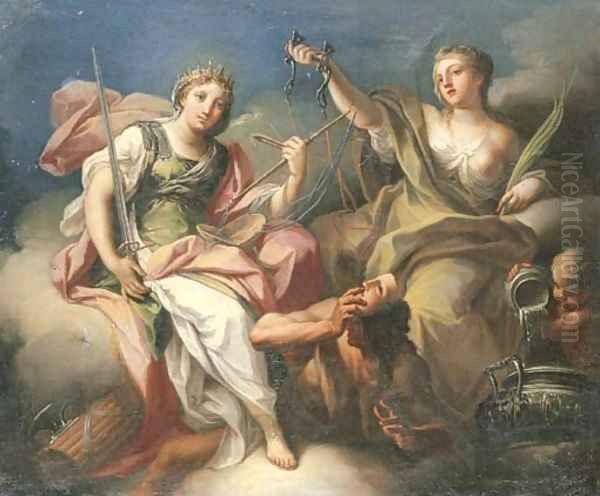 Justice and Temperance triumphant over Vice Oil Painting by Placido Costanzi