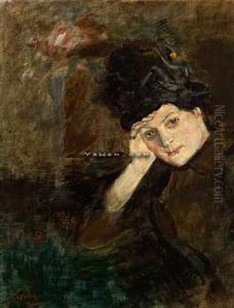 Albertine Med Hand Under Kinn Oil Painting by Christian Krohg