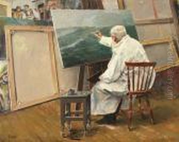 Selvportrett, Maler Pa Et Marinebilde Med En Rekke Av Sine Andre Malerier I Bakgrunnen Oil Painting by Christian Krohg