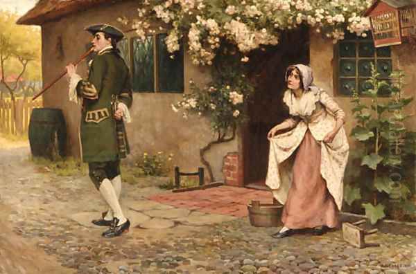 An encounter outside the cottage Oil Painting by A.C. Cooke