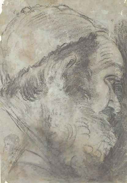 Head of a bearded man in a cap, in profile to the right Oil Painting by Giacomo Cavedone