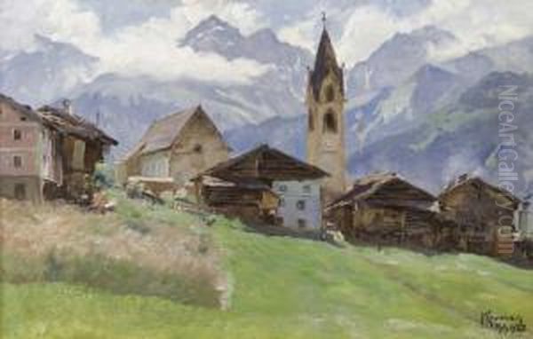 Gebirgsdorf Im Sommer. Oil Painting by Max Krombach