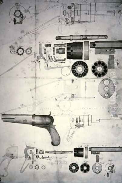 Original plans for a ten-chamber revolver which later became the six-chamber patented in 1836, c.1830 Oil Painting by Samuel Colt