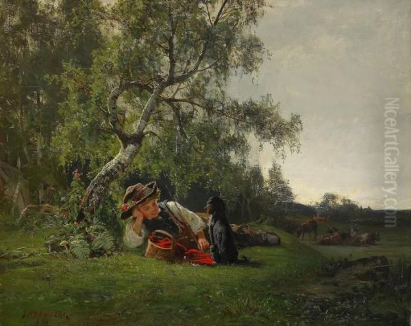 Pojke Med Hund I Landskap Oil Painting by Julius Kronberg