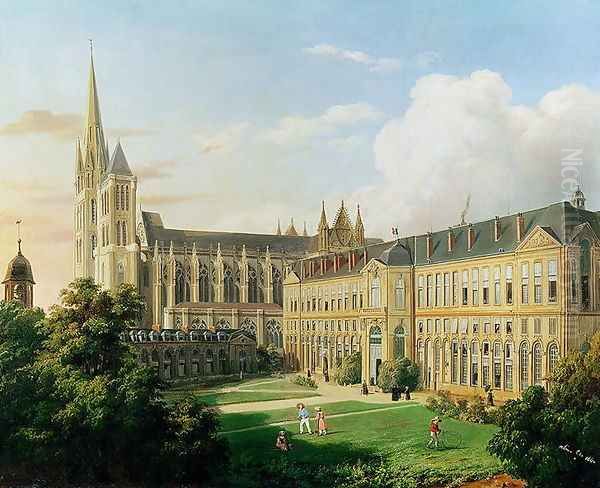 The Abbey Church of Saint-Denis and the School of the Legion of Honour in 1840 Oil Painting by Aline Clement