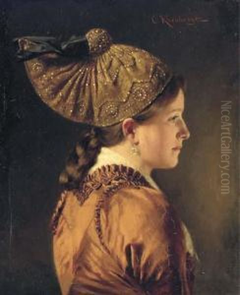 A Portrait Of A Girl Wearing A Goldhaube Oil Painting by Carl Kronberger