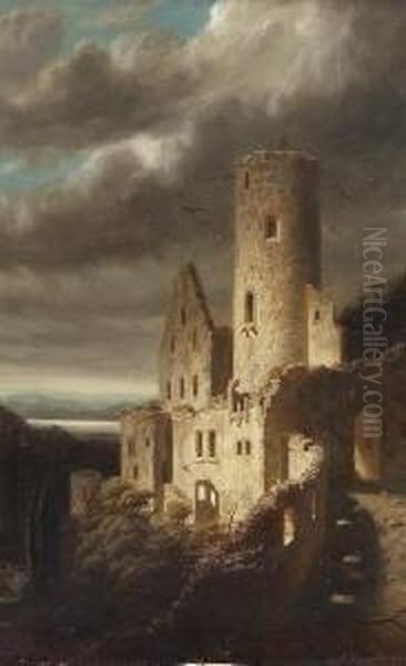 Burgruine Bei Aufziehendem
 Gewitter. Oil Painting by Carl Kronberger