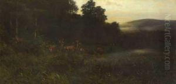 Rotwild Am Waldrand Oil Painting by Christian Johann Kroner