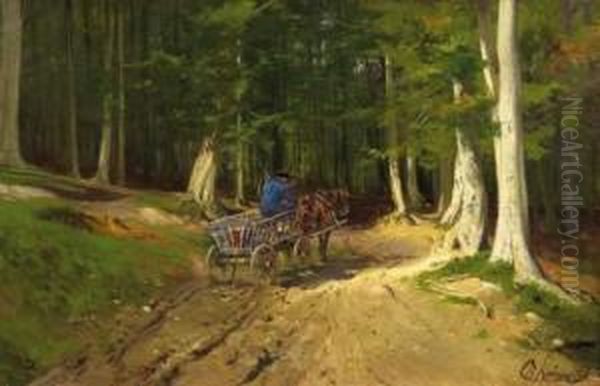 Farmer With His Wagon On The Forest Road Oil Painting by Christian Johann Kroner