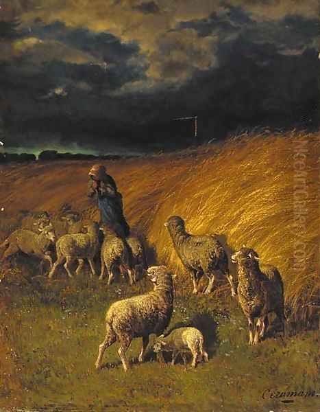 A sheperdess with her flock before a storm Oil Painting by Charles Ferdinand Ceramano