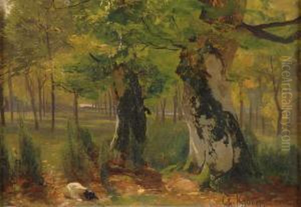 Waldlichtung Mit Ruhendem Jagdhund. Oil Painting by Christian Johann Kroner