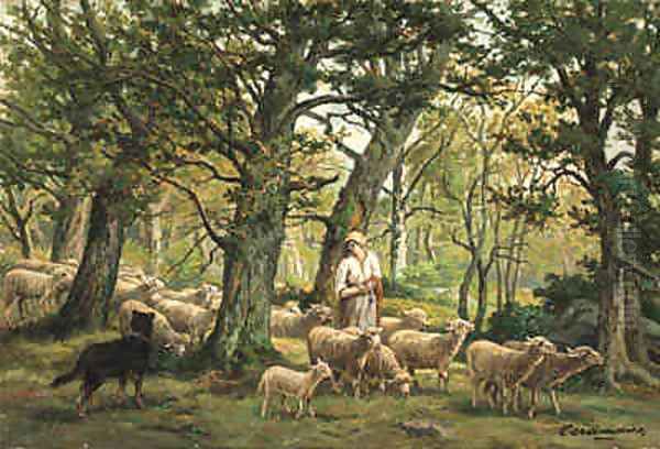 Shepherdess and Her Flock Oil Painting by Charles Ferdinand Ceramano