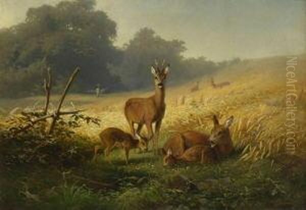 Rehfamilie Am Feldrand. Oil Painting by Christian Johann Kroner