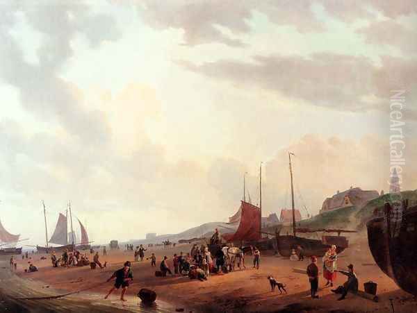 Fisherfolk And Townsfolk On Scheveningen Beach In The Afternoon Oil Painting by Abraham Johannes Couwenberg, Jzn.