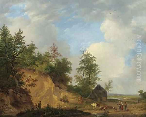 Figures conversing by a crag in a panoramic summer landscape Oil Painting by Abraham Johannes Couwenberg, Jzn.