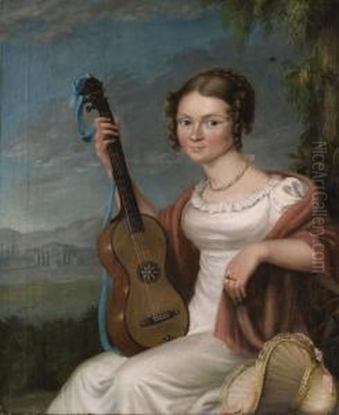 Junge Frau In Weissem Kleid Mit Gitarre Oil Painting by Franz Krutger