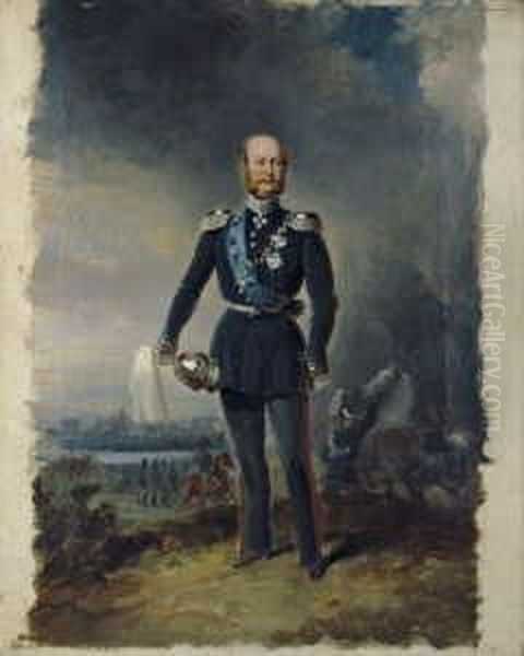 Bildnis Des Grossherzogs 
Friedrich Franz Ii. Von Mecklenburg-schwerin (1823-1883). Der Grosherzog
 In Mecklenburgischer Generalsuniform Mit Der Kette Des Preus. Schwarzen
 Adler-ordens Und Dem Blauen Band Des Danischen Elephanten-ordens. Im 
Hintergr Oil Painting by Franz Krutger