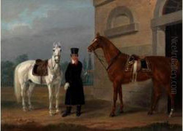 Two Saddled Mounts Oil Painting by Franz Krutger