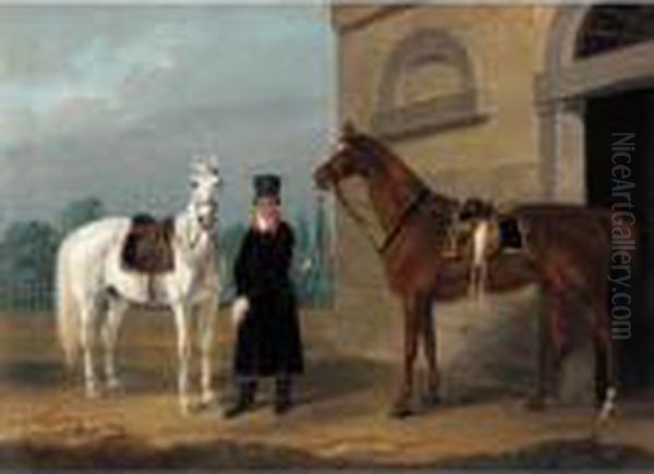 Two Saddled Mounts: A Dapple Grey And A Chestnut Horse With A Liveried Stable-hand Oil Painting by Franz Krutger