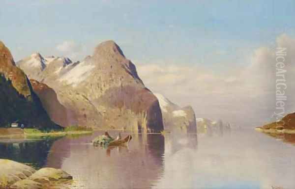 Rowing hay across the fjord Oil Painting by Fritz Chwala