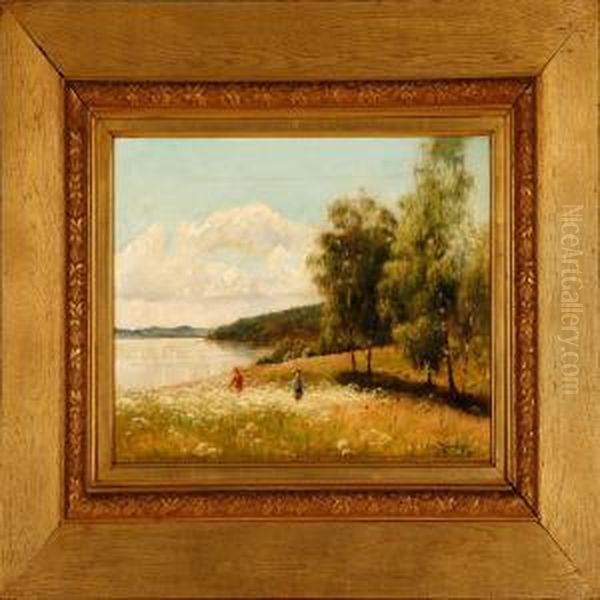 Landscape With Two Children Playing On A Field Oil Painting by Olof Krumlinde