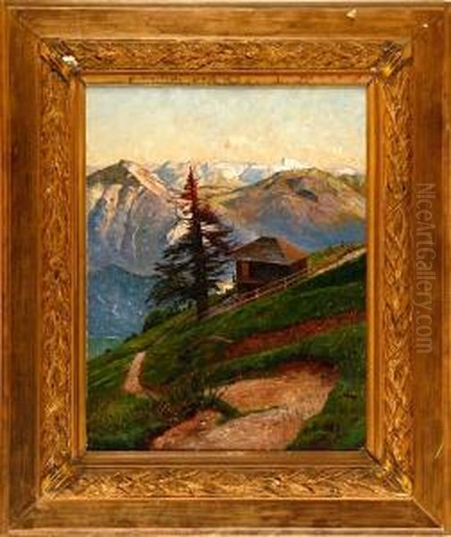 An Alp Scenery With A House And A Spruce. Signed Oil Painting by Olof Krumlinde