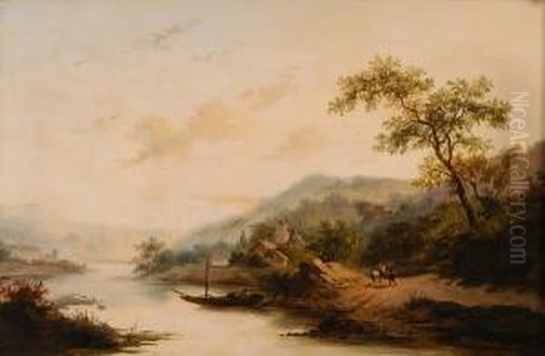 A River Landscape At A Ford Oil Painting by Frederik Marianus Kruseman