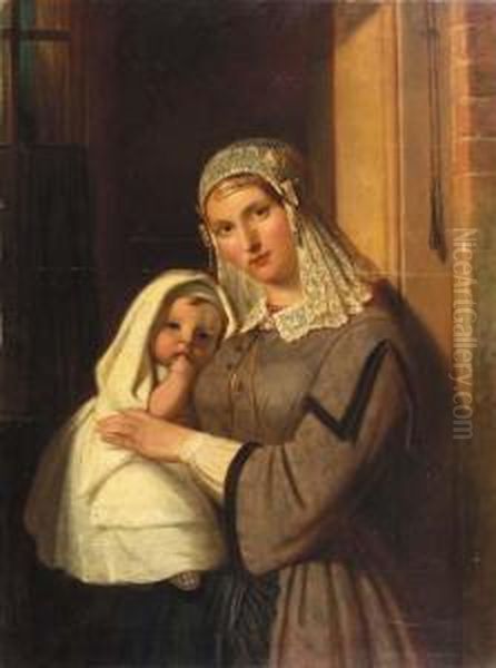 A Woman In The Regional Costume Of Gouda Holding A Child Oil Painting by Frederik Marianus Kruseman