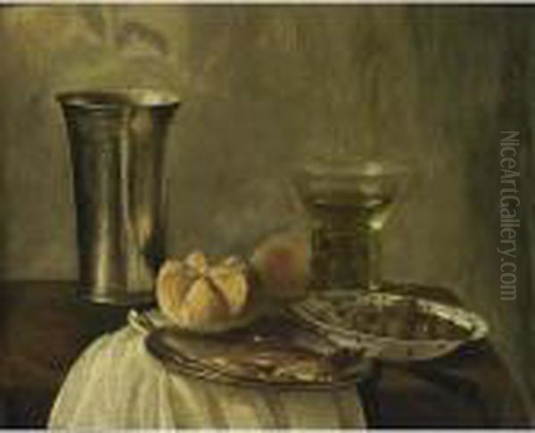 A Still Life With A Silver 
Beaker, A Herring On A Pewter Plate, A Bun, A Peach, A Roemer, And 
Olives In A Wan-li Bowl Together With A Knife On A Table With A White 
Tablecloth Oil Painting by Cornelis Cruys