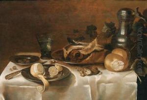 A Pie, A Bread Roll, Walnuts And
 Hazelnuts, A Partly Peeled Lemonand A Knife On A Pewter Dish, A Bowl Of
 Olives, A Roemer, A Pewterjug And Vine Leaves On A Partly Draped Table Oil Painting by Cornelis Cruys