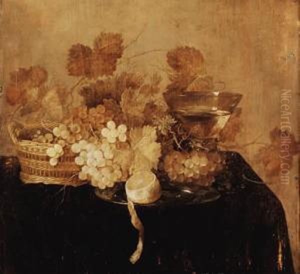 Grapes In A Wicker Basket, A 
Roemer And A Peeled Lemon On A Pewterplate On A Draped Table Oil Painting by Cornelis Cruys