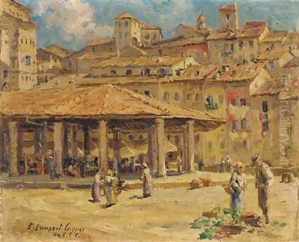 Marketplace, Sienna Oil Painting by Emma Lampert Cooper