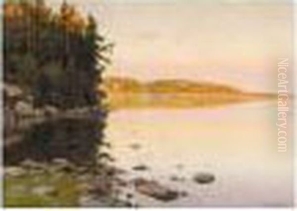 Lake At Sunset Oil Painting by Constantin Kryschitskij