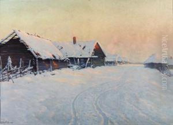 Village In Winter Sunlight Oil Painting by Constantin Kryschitskij