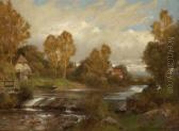 Flusslandschaft Mit
 Bauernhausern. Oil Painting by Erich Kubierschky