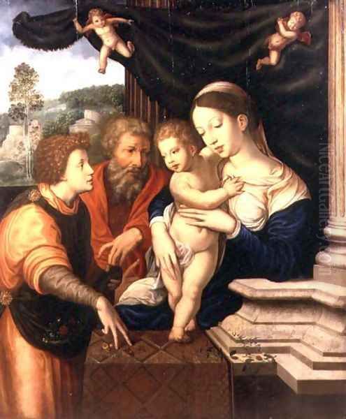 The Holy Family Being Presented with a Basket of Flowers by an Angel, on a Classical Terrace, Being a Version of the Painting by Barend van Orley in the Louvre of 1521 Oil Painting by (studio of) Cornelis van Cleve