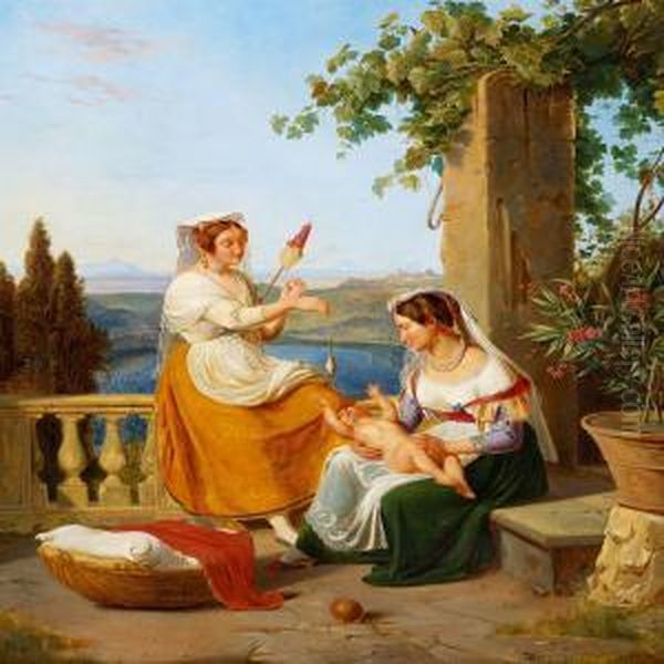 Two Young Italian Womenplaying With A Child On A Terrace Oil Painting by Albert Kuchler