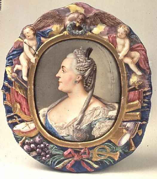 Catherine II (1729-96) after a portrait by Feodor Rokotov, enamel and copper, frame from the Imperial Porcelain Factory, St. Petersburg Oil Painting by Andrei Ivanovich Chernyi