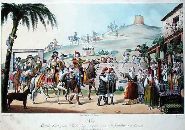 Wedding procession in the Cagliari region of Italy, engraved by Bezard 1825 Oil Painting by Cominotti