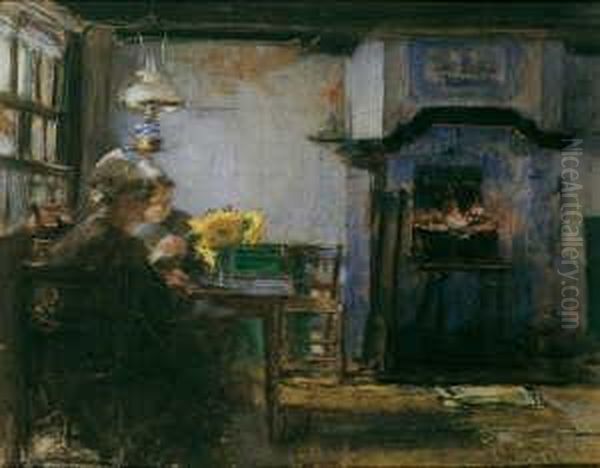 Hollandisches Interieur Mit Zwei Frauen Am Kamin. Oil Painting by Gotthardt Kuehl