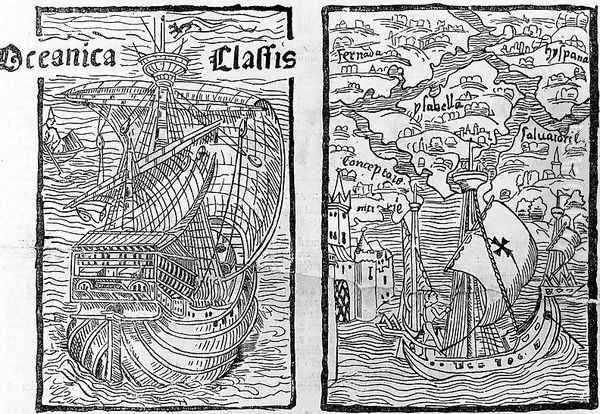 Drawing of the Santa Maria and a map describing the islands of Salvador, Espanola, Fernanda, Isabel and Conception, 1493 Oil Painting by Columbus, Christopher