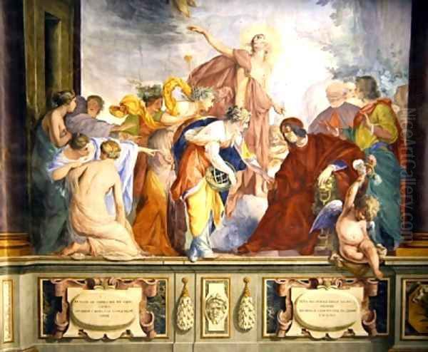 Lorenzo de Medici and Apollo welcome the muses and virtues to Florence Oil Painting by Bravo Cecco (Francesco Montelatici)