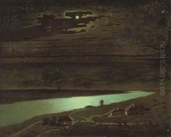 The Village On The Moonlit River Oil Painting by Arkhip Ivanovich Kuindzhi