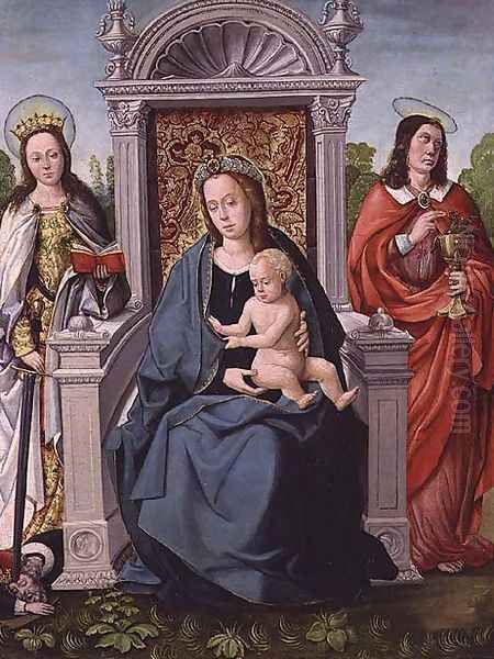 Madonna and Child with St. Catherine and St. John the Evangelist, c.1530-40 Oil Painting by Francisco de Comontes