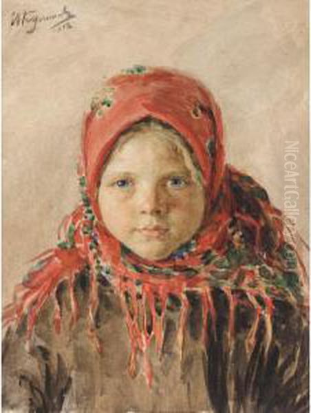 Russian Peasant Girl Oil Painting by Ivan Semionovich Kulikov