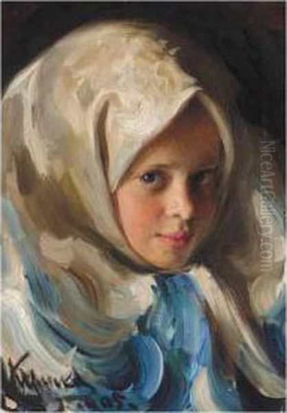 Young Girl In Blue Headscarf Oil Painting by Ivan Semionovich Kulikov